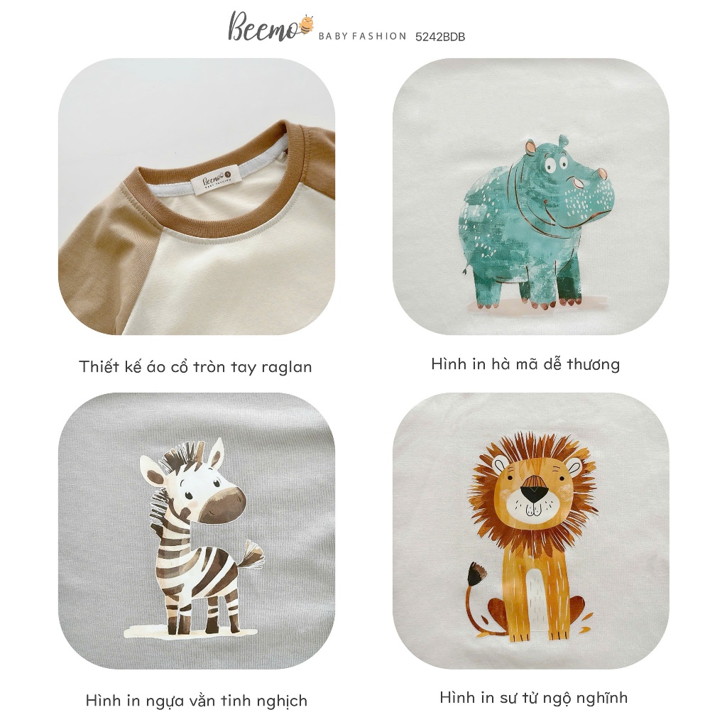 Bộ thu đông cotton dài tay phối in hình, bộ cotton thu đông dài tay bé trai mẫu mới