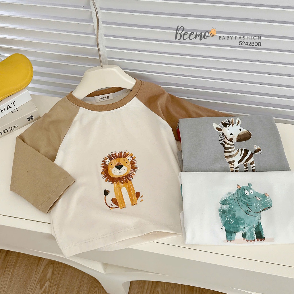 Bộ thu đông cotton dài tay phối in hình, bộ cotton thu đông dài tay bé trai mẫu mới