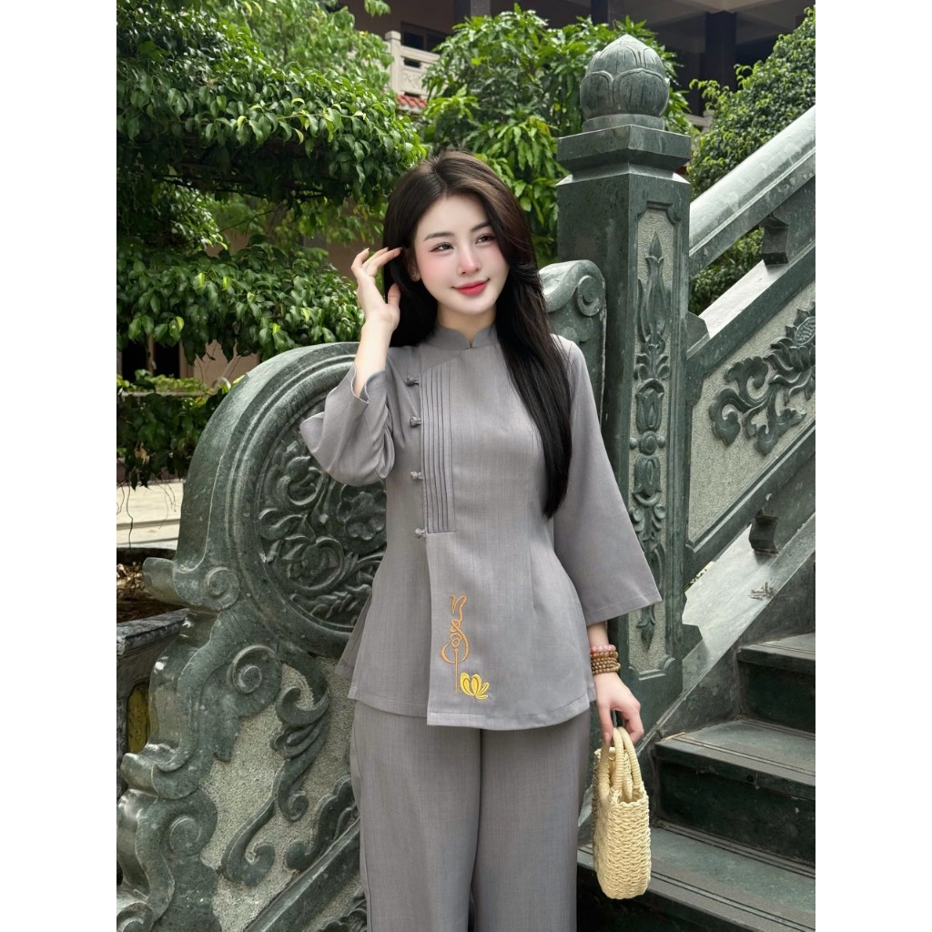Đồ lam đi chùa cổ tàu thêu chữ Ngộ vải đũi thái mềm mịn Pháp phục lễ chùa tay lỡ cúc bọc chiết eo Sang trọng