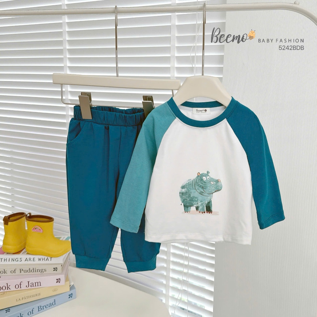 Bộ thu đông cotton dài tay phối in hình, bộ cotton thu đông dài tay bé trai mẫu mới