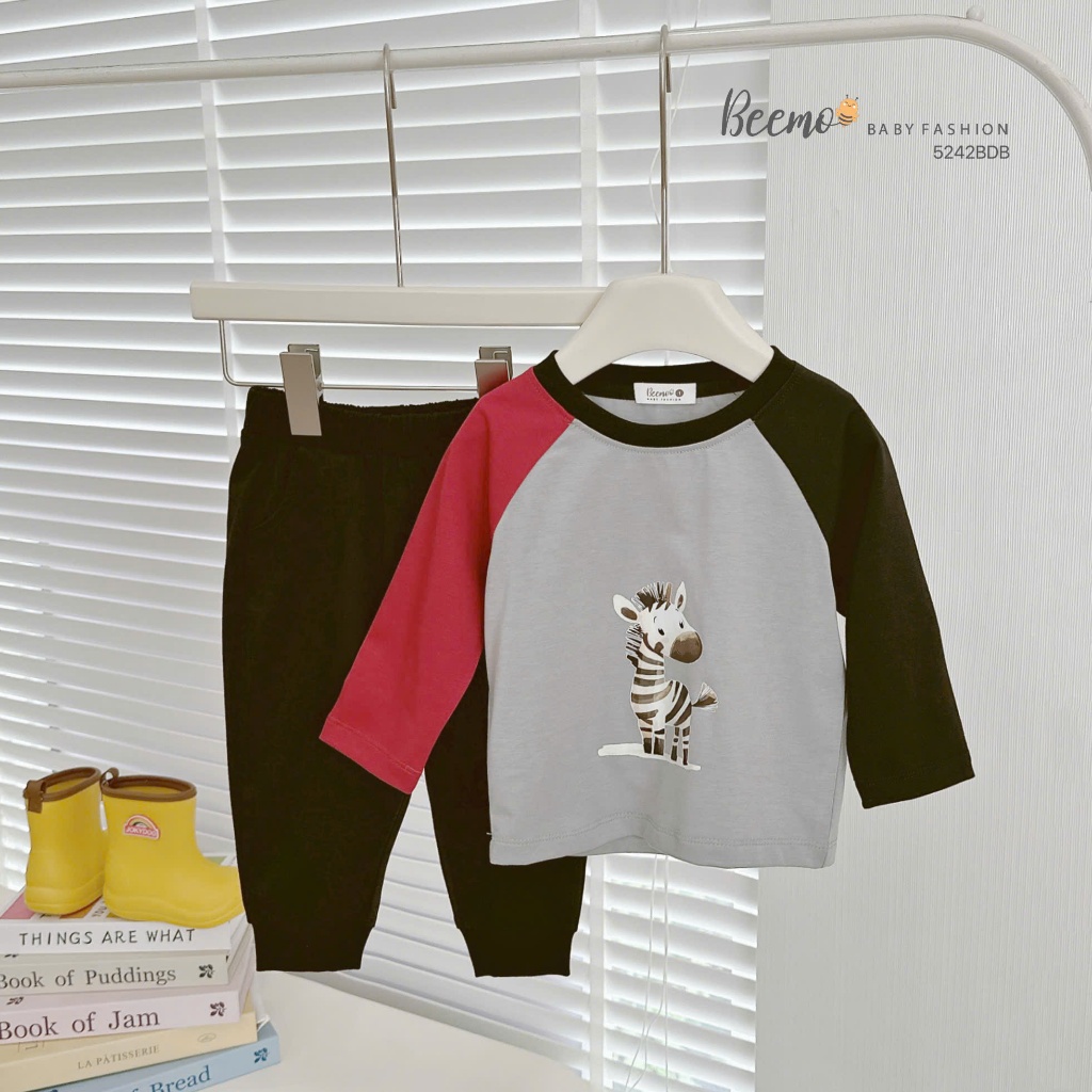 Bộ thu đông cotton dài tay phối in hình, bộ cotton thu đông dài tay bé trai mẫu mới