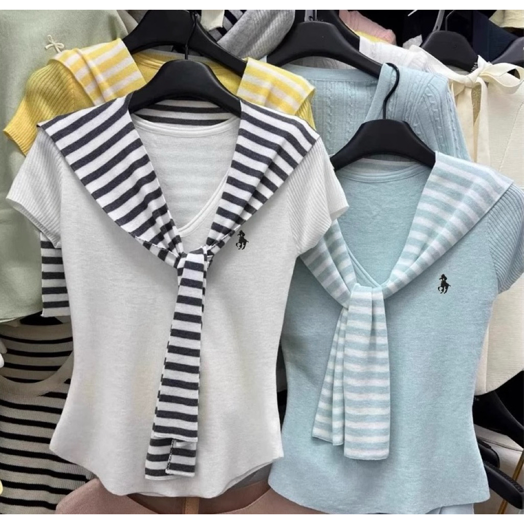 Set Áo len nữ cộc tay kèm khăn thêu hình thanh lịch basic Hàn Quốc - Sana closet