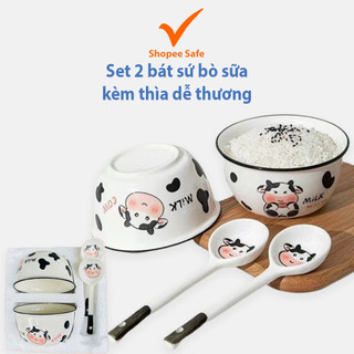 Set 2 bát sứ bò sữa kèm thìa dễ thương đóng hộp xốp an toàn tiện lợi