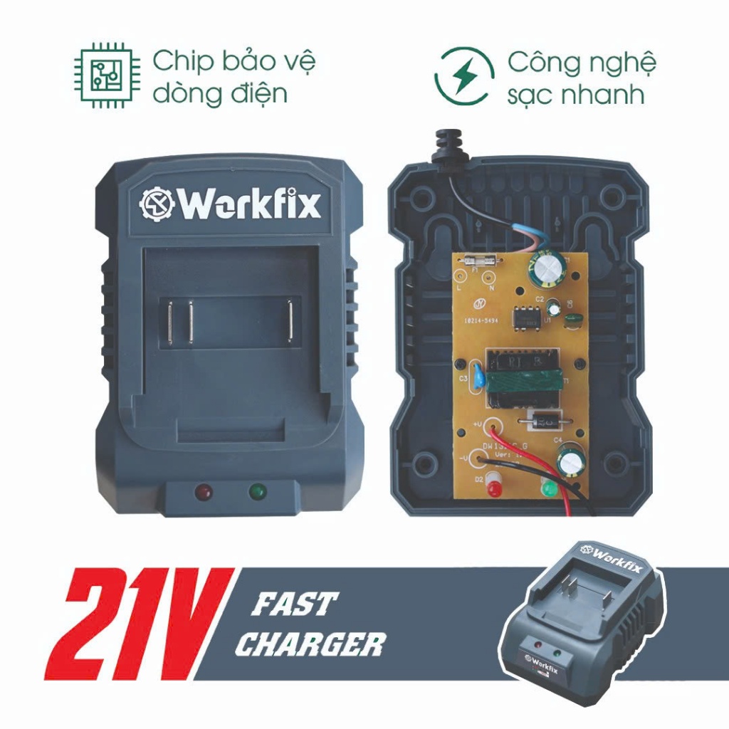 Đế Sạc Pin Máy Khoan WORKFIX WF-FC20A, Bảo Vệ Quá Dòng, Có Đèn Báo Đầy - Chân Pin Phổ Thông