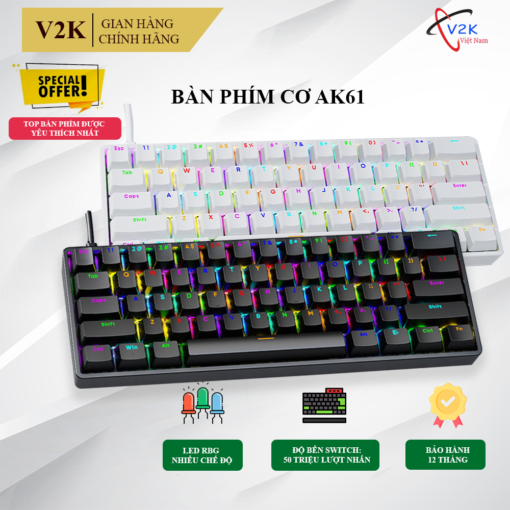 Bàn Phím Cơ Gaming AK61, thiết kế nhỏ gọn, Layout 61 phím, Led RGB 20 ...