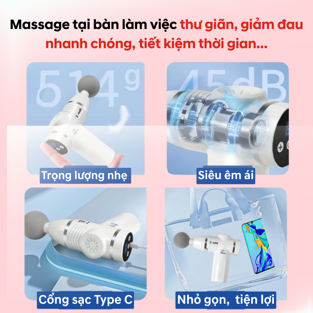 Máy Massage Đấm Lưng Cầm Tay 99 Cấp Z668, Súng Massage Rung Mạnh Giảm Đau Nhức Cổ Vai Gáy Hiệu Quả