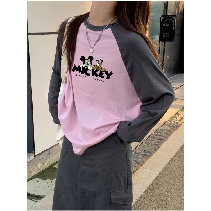 Áo thun nữ dài tay phối màu JULY FASHION, Áo thun nữ tay phối dáng rộng in hình, Chất thun xượt mỏng nhẹ mềm mát