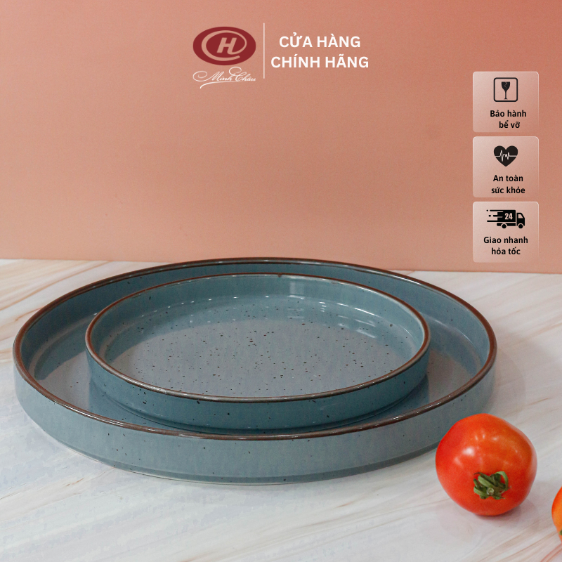 Đĩa sứ phẳng có thành màu xanh dương men muối tiêu kiểu Nhật - Sứ Minh Châu