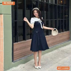 Đầm thiết kế BEMINE cổ thủy thủ đính nơ có viền dáng chữ A phù hợp đi làm-MT11068