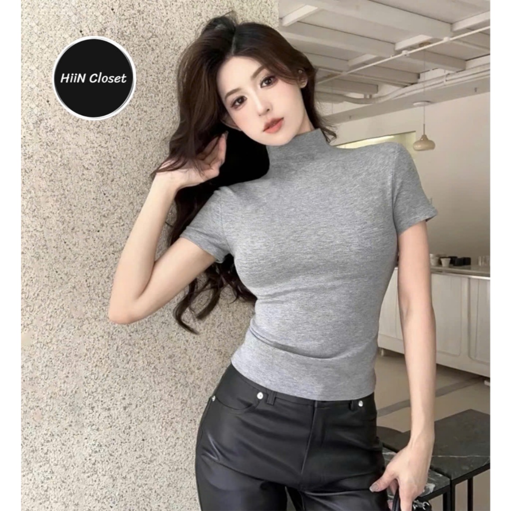 Áo thun nữ cổ leo 3p chất liệu zip co giãn hàng loại 1 - Áo thun nữ trơn basic HiiNCloset - 140 | BigBuy360 - bigbuy360.vn