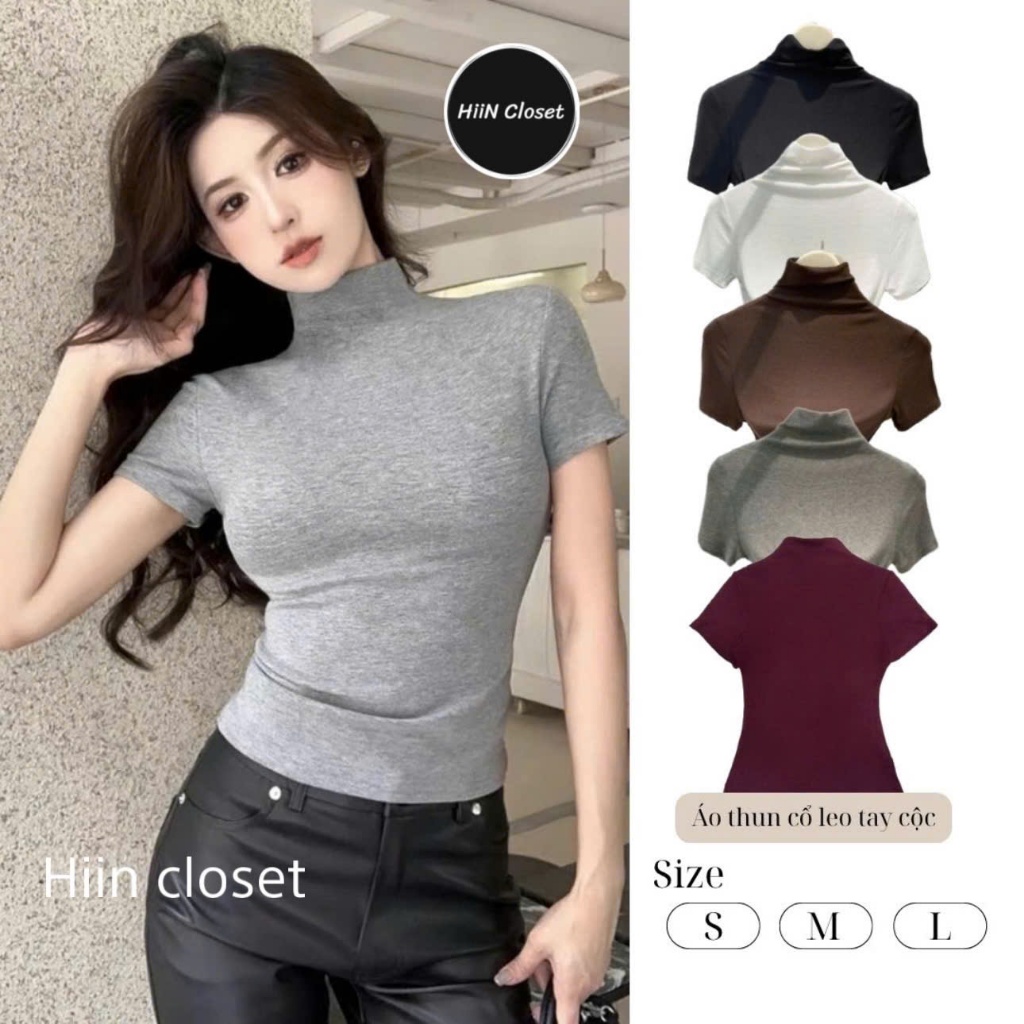 Áo thun nữ cổ leo 3p chất liệu zip co giãn hàng loại 1 - Áo thun nữ trơn basic HiiNCloset - 140 | BigBuy360 - bigbuy360.vn