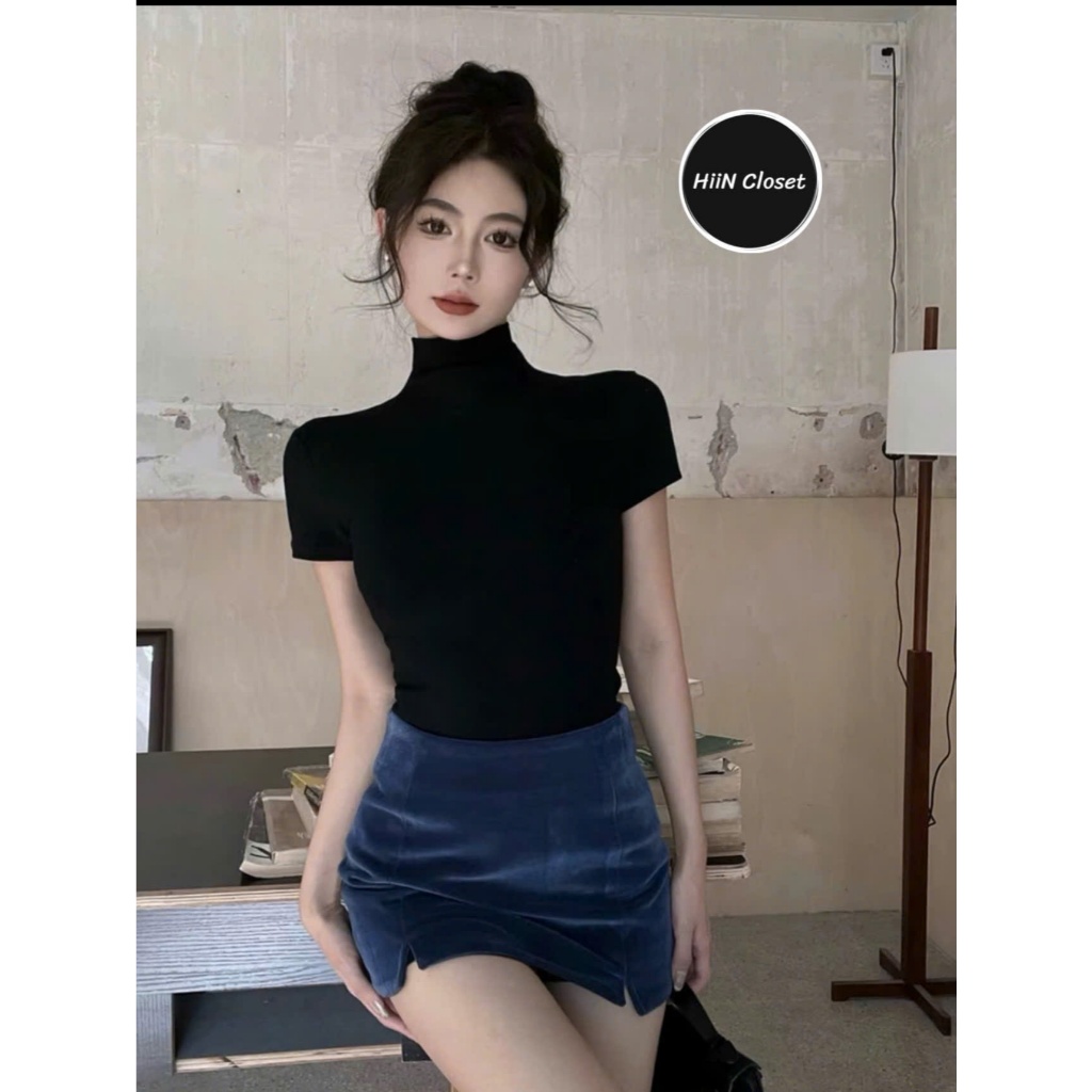Áo thun nữ cổ leo 3p chất liệu zip co giãn hàng loại 1 - Áo thun nữ trơn basic HiiNCloset - 140 | BigBuy360 - bigbuy360.vn