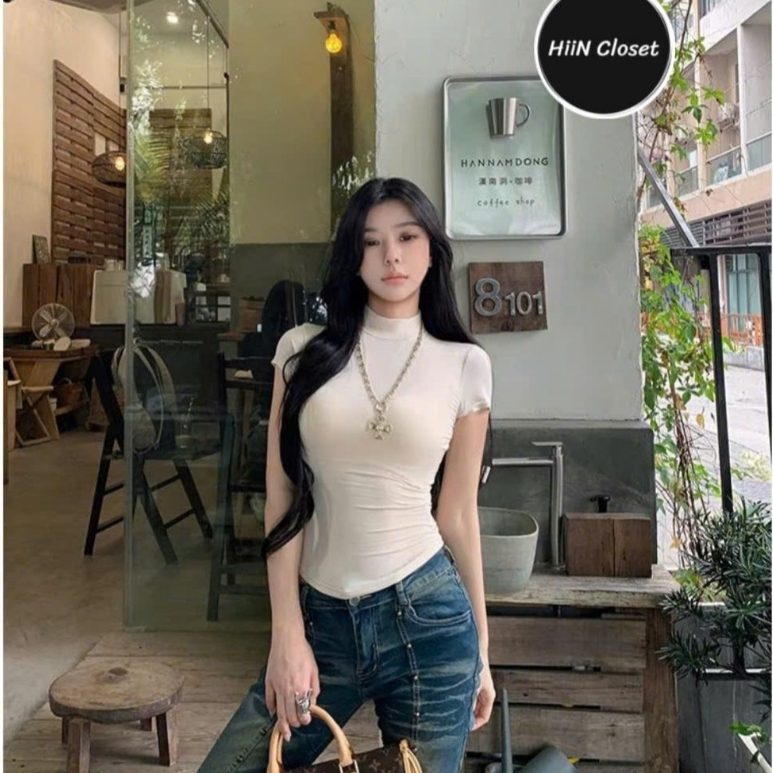 Áo thun nữ cổ leo 3p chất liệu zip co giãn hàng loại 1 - Áo thun nữ trơn basic HiiNCloset - 140 | BigBuy360 - bigbuy360.vn