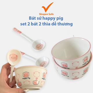 Bát sứ happy pig set 2 bát 2 thìa dễ thương đóng hộp xốp tiện tặng bé