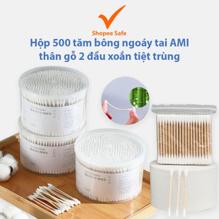 Hộp 500 tăm bông ngoáy tai AMI thân gỗ 2 đầu xoắn tiệt trùng thân thiện môi trường #A92