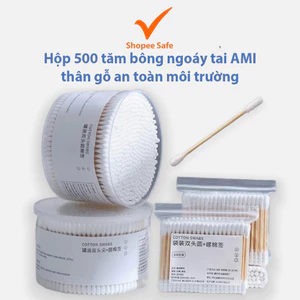 Hộp 500 tăm bông ngoáy tai AMI thân gỗ 2 đầu tròn xoắn tiệt trùng an toàn môi trường