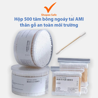 Hộp 500 tăm bông ngoáy tai AMI thân gỗ 2 đầu tròn xoắn tiệt trùng an toàn môi trường