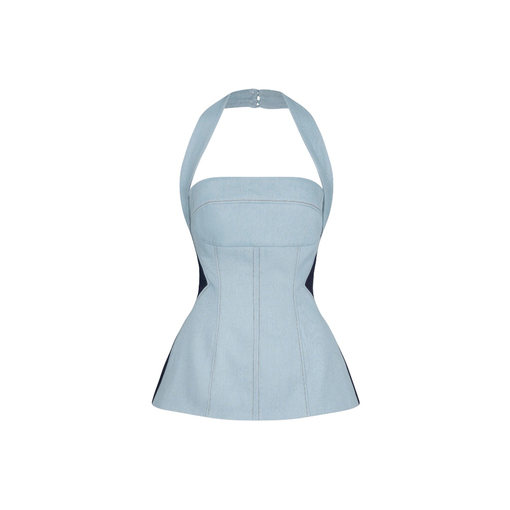 Orli Label | Nova Shirt | Áo cổ yếm Jean xanh nhạt phối viền eo xanh đậm