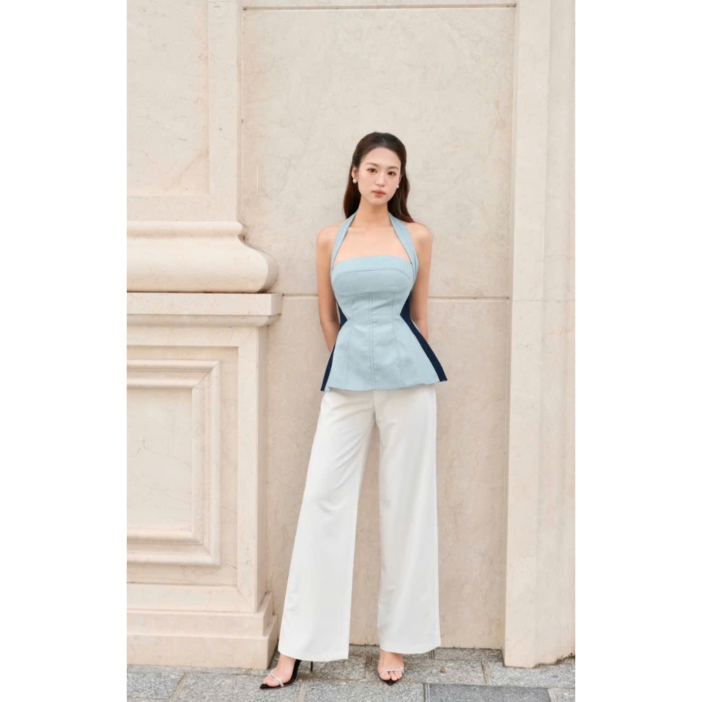Orli Label | Nova Shirt | Áo cổ yếm Jean xanh nhạt phối viền eo xanh đậm