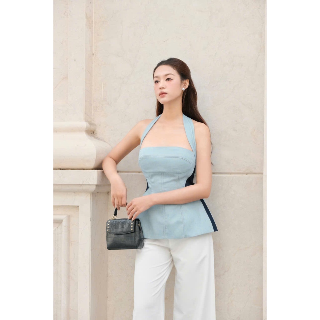Orli Label | Nova Shirt | Áo cổ yếm Jean xanh nhạt phối viền eo xanh đậm