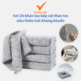 Set 20 khăn lau bếp sợi than tre siêu thấm hút kháng khuẩn tiện dụng cho nhà bếp sạch sẽ