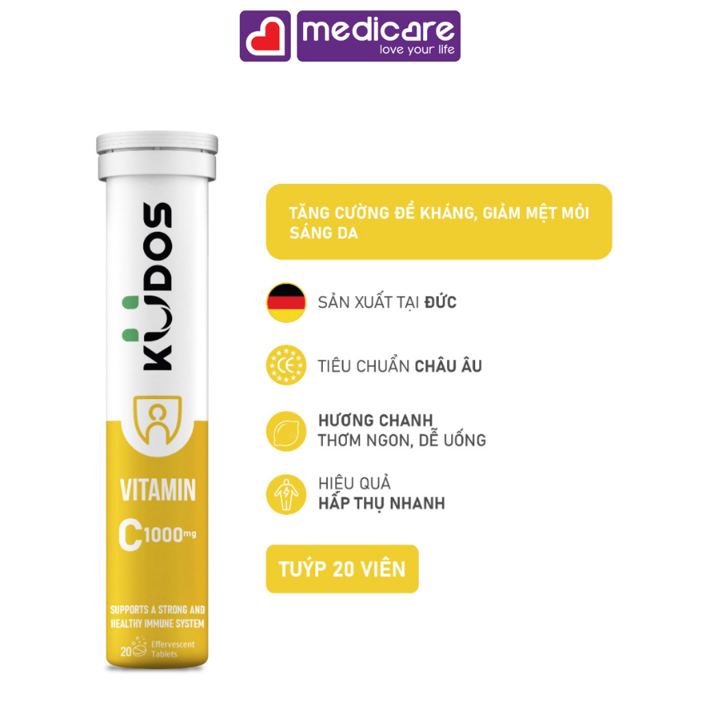 Viên sủi KUDOS vitamin C 1000mg hỗ trợ sức đề kháng tuýp 20 viên