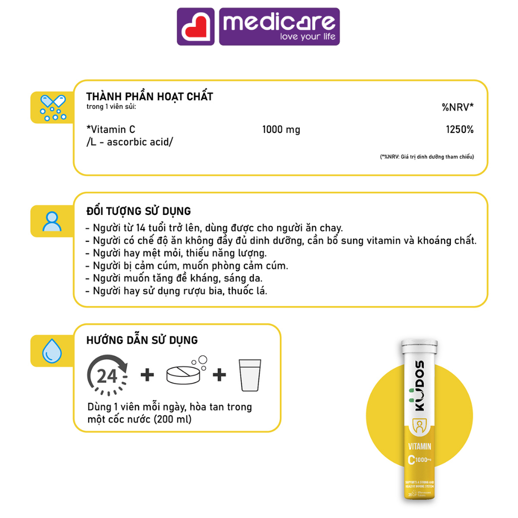 Viên sủi KUDOS vitamin C 1000mg hỗ trợ sức đề kháng tuýp 20 viên
