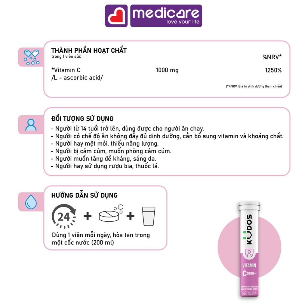 Viên sủi KUDOS vitamin C 1000mg hỗ trợ sức đề kháng tuýp 20 viên