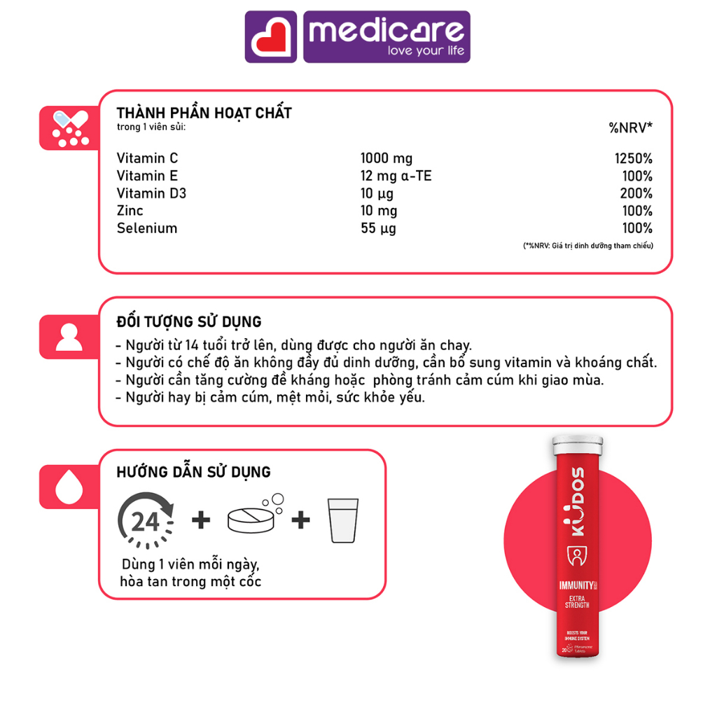 Viên sủi KUDOS immunity bổ sung Vitamin và Khoáng Chất thiết yếu tuýp 20 viên