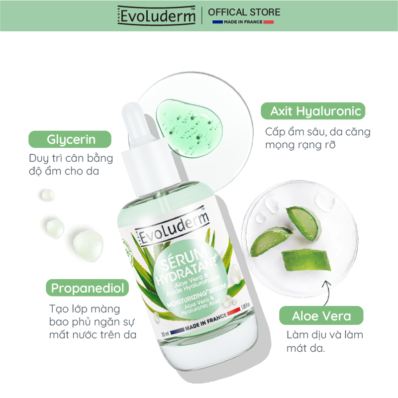 Serum Tinh Chất Lô Hội Evoluderm Moisturizing giúp da sáng bóng, dưỡng ẩm sâu 30ML