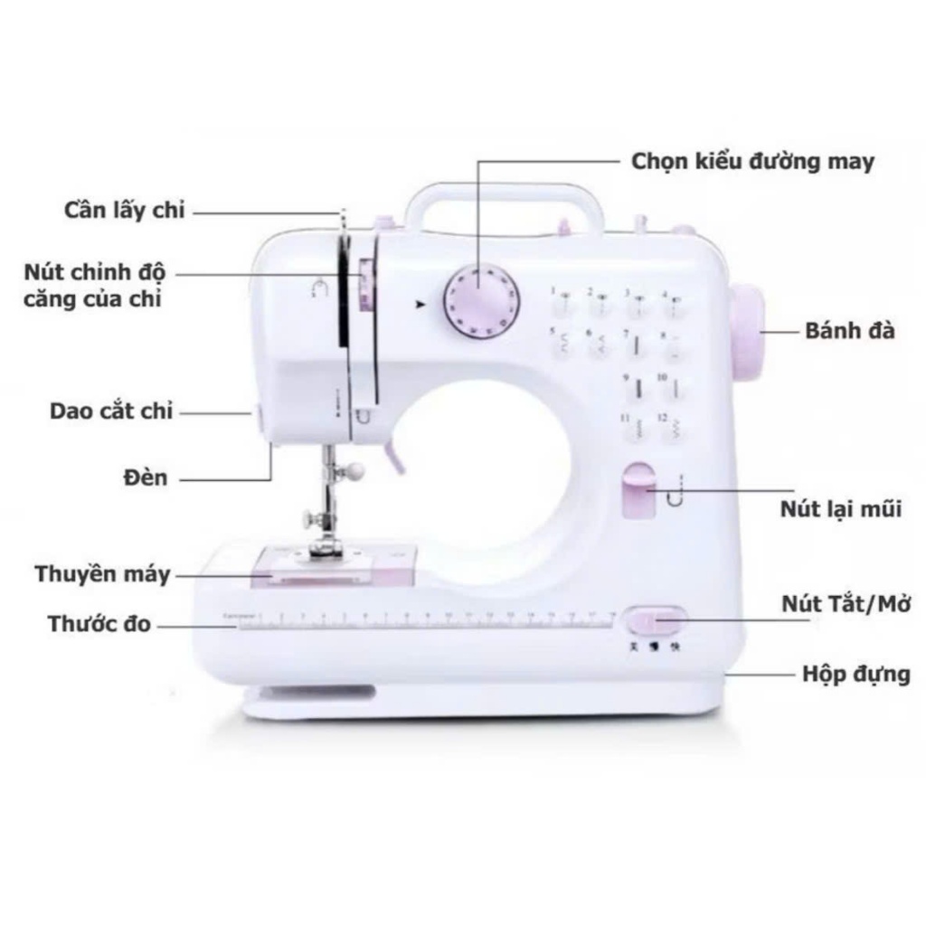 Máy may mini gia đình, 12 mũi may, vắt sổ, may bằng chân vịt, may lớp vải cùng lúc ẢNH THỰC TẾ