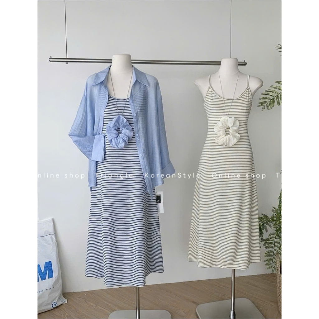 TRIANGLE - Pastel Set(Cân nhắc kỹ, returned is not welcomed) - Set 3 chi tiết đầm thun gân, áo sơ mi và chun buộc tóc