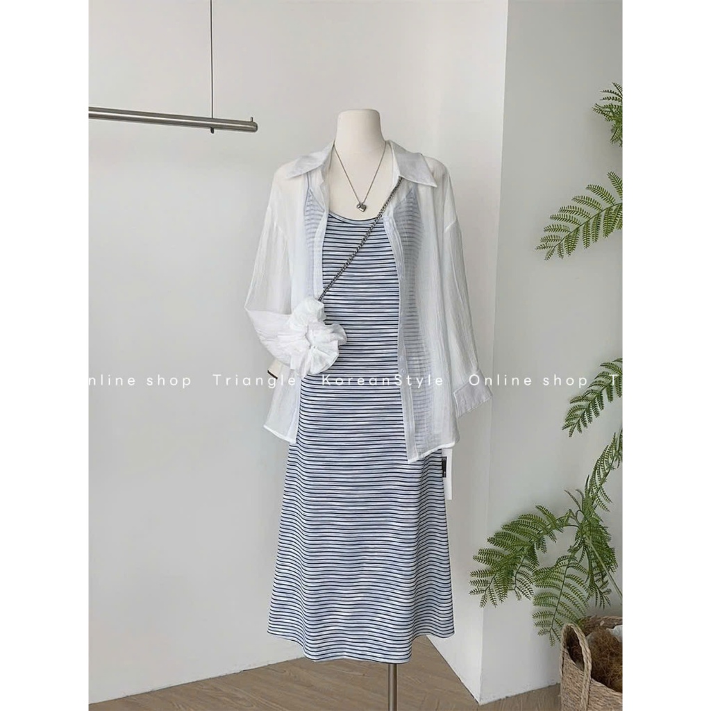 TRIANGLE - Pastel Set(Cân nhắc kỹ, returned is not welcomed) - Set 3 chi tiết đầm thun gân, áo sơ mi và chun buộc tóc