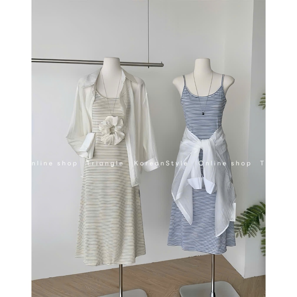 TRIANGLE - Pastel Set(Cân nhắc kỹ, returned is not welcomed) - Set 3 chi tiết đầm thun gân, áo sơ mi và chun buộc tóc