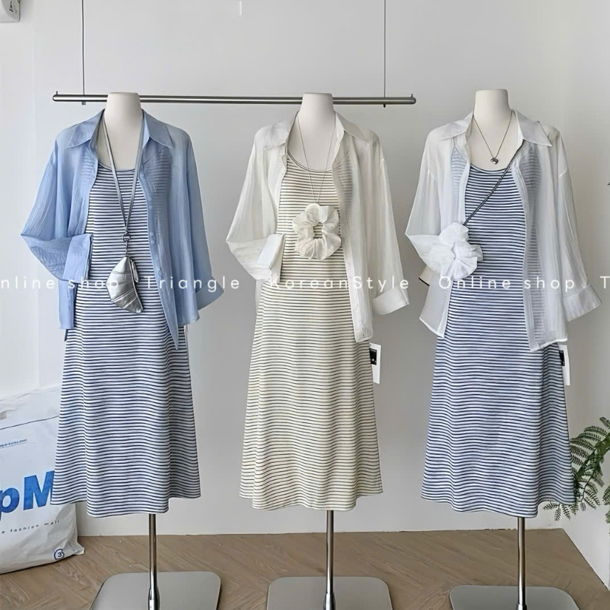 TRIANGLE - Pastel Set(Cân nhắc kỹ, returned is not welcomed) - Set 3 chi tiết đầm thun gân, áo sơ mi và chun buộc tóc