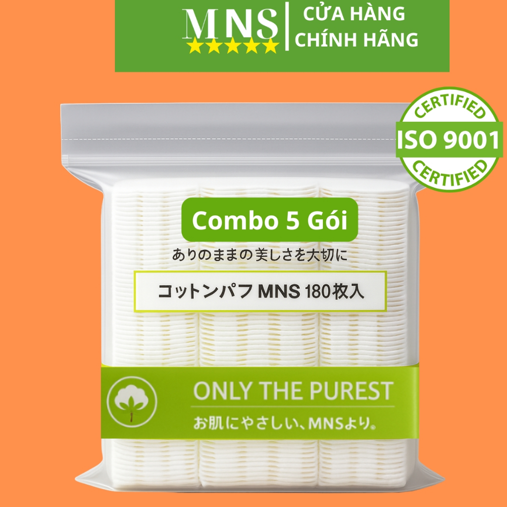(5 Gói) Bông tẩy trang MNS 180 miếng cotton tự nhiên, cao cấp mềm mịn ISO9001-2015