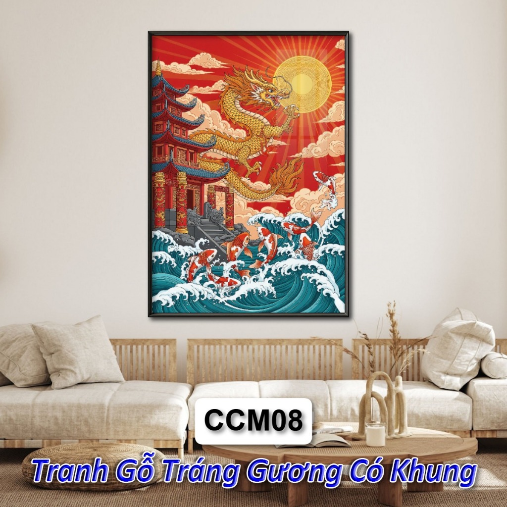 Tranh Cá Chép Hóa Rồng Tráng Gương Khung Composite Treo Tường Decor Phòng Khách Phòng Ngủ Không Gian Làm Việc