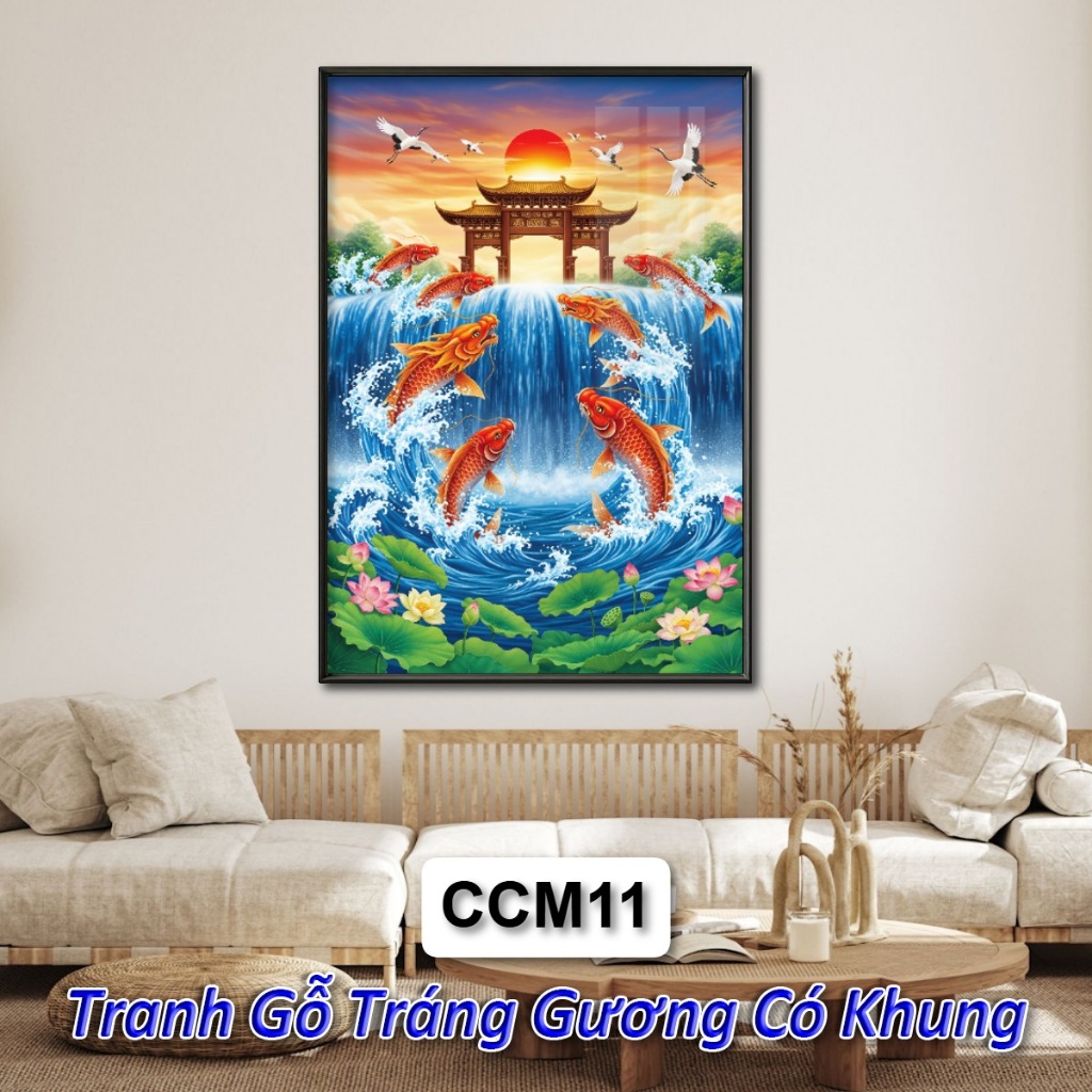 Tranh Cá Chép Hóa Rồng Tráng Gương Khung Composite Treo Tường Decor Phòng Khách Phòng Ngủ Không Gian Làm Việc