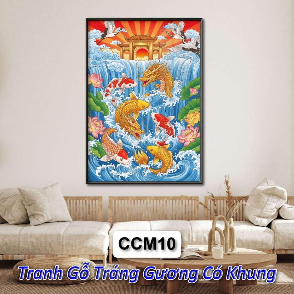 Tranh Cá Chép Hóa Rồng Tráng Gương Khung Composite Treo Tường Decor Phòng Khách Phòng Ngủ Không Gian Làm Việc