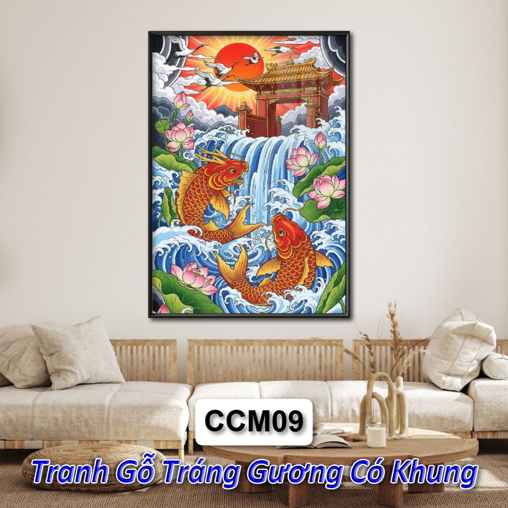 Tranh Cá Chép Hóa Rồng Tráng Gương Khung Composite Treo Tường Decor Phòng Khách Phòng Ngủ Không Gian Làm Việc