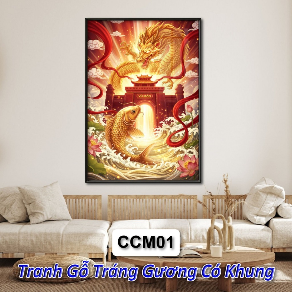 Tranh Cá Chép Hóa Rồng Tráng Gương Khung Composite Treo Tường Decor Phòng Khách Phòng Ngủ Không Gian Làm Việc