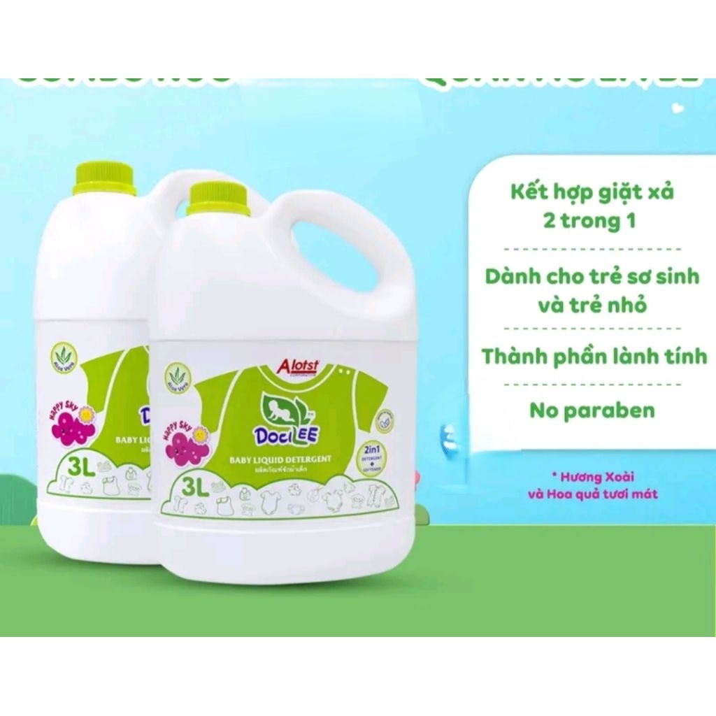 Nước Giặt Xả Quần Áo Em Bé Docilee 3L Xanh Happy Sky Lưu Hương Lâu, Sạch Thơm Mềm Mại, Dành Cho Da Nhạy Cảm Bé Từ 0M+