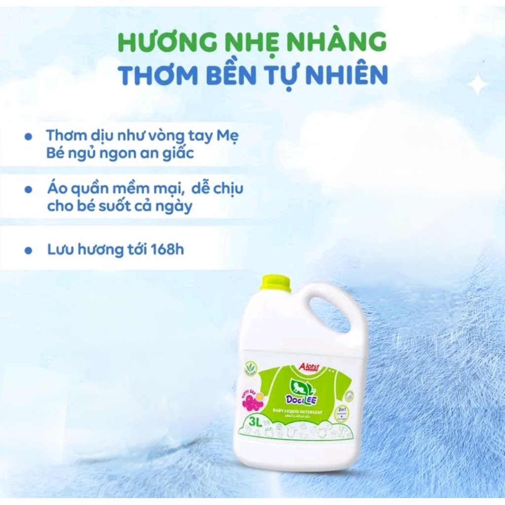Nước Giặt Xả Quần Áo Em Bé Docilee 3L Xanh Happy Sky Lưu Hương Lâu, Sạch Thơm Mềm Mại, Dành Cho Da Nhạy Cảm Bé Từ 0M+