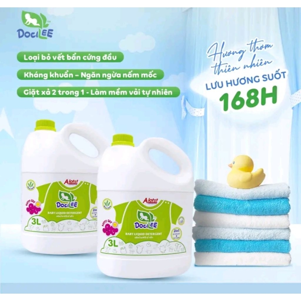 Nước Giặt Xả Quần Áo Em Bé Docilee 3L Xanh Happy Sky Lưu Hương Lâu, Sạch Thơm Mềm Mại, Dành Cho Da Nhạy Cảm Bé Từ 0M+