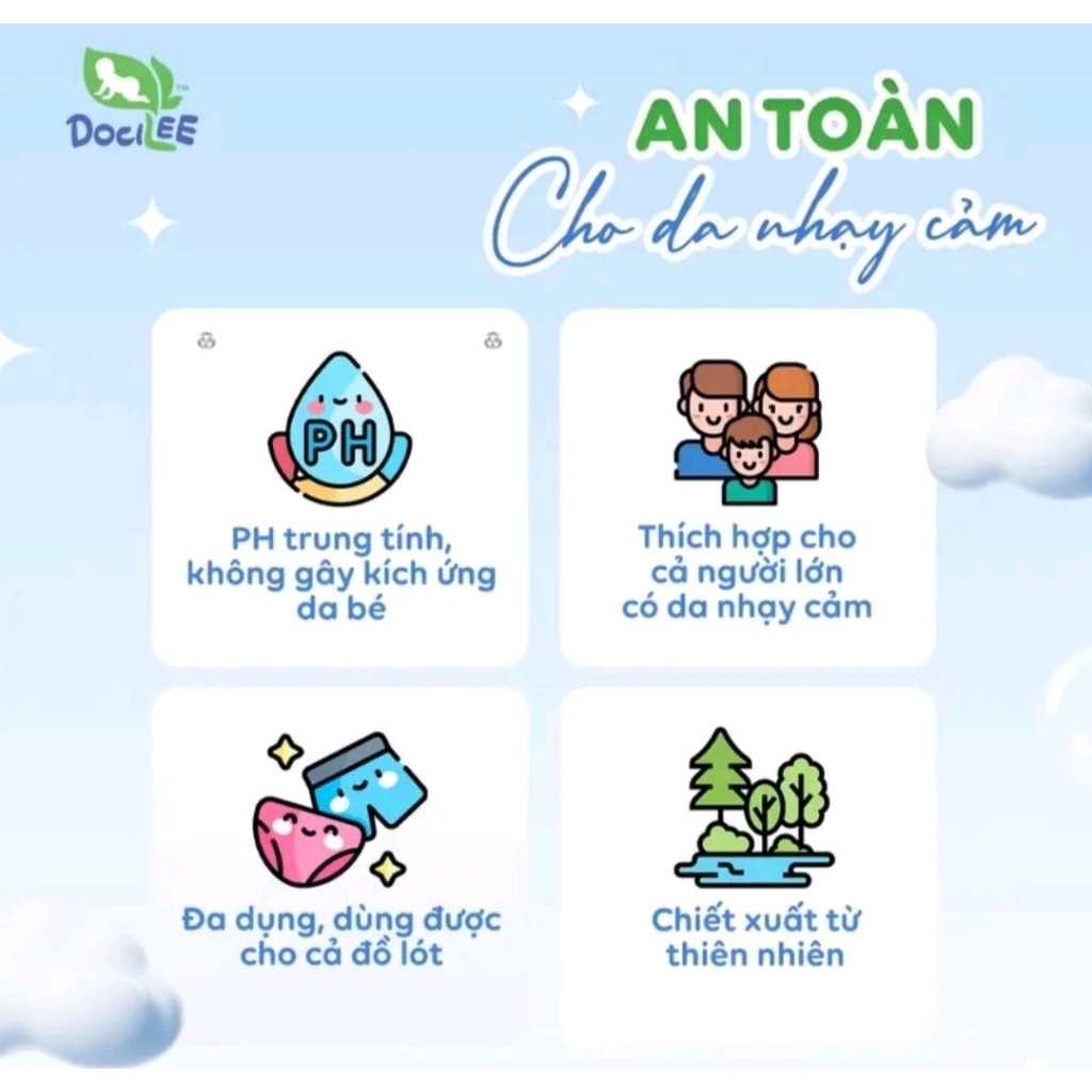Nước Giặt Xả Quần Áo Em Bé Docilee 3L Xanh Happy Sky Lưu Hương Lâu, Sạch Thơm Mềm Mại, Dành Cho Da Nhạy Cảm Bé Từ 0M+