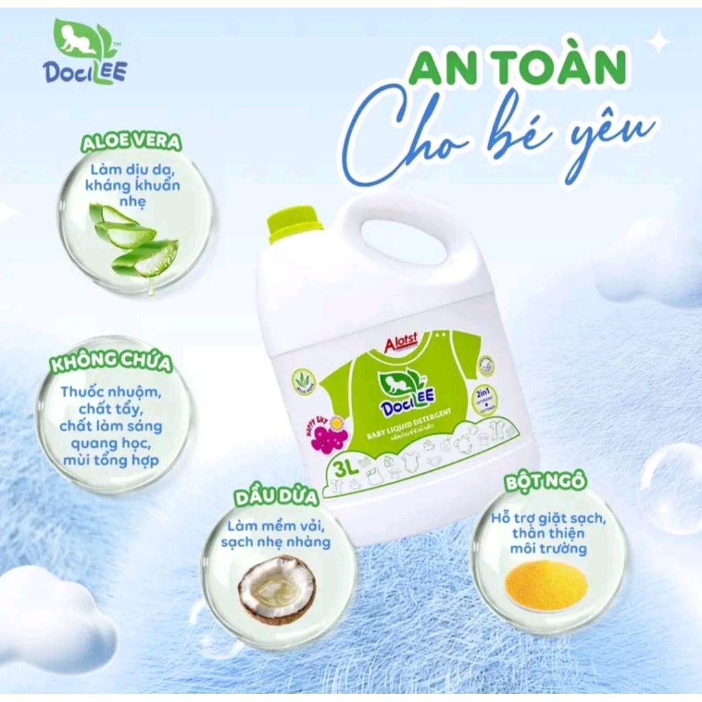 Nước Giặt Xả Quần Áo Em Bé Docilee 3L Xanh Happy Sky Lưu Hương Lâu, Sạch Thơm Mềm Mại, Dành Cho Da Nhạy Cảm Bé Từ 0M+