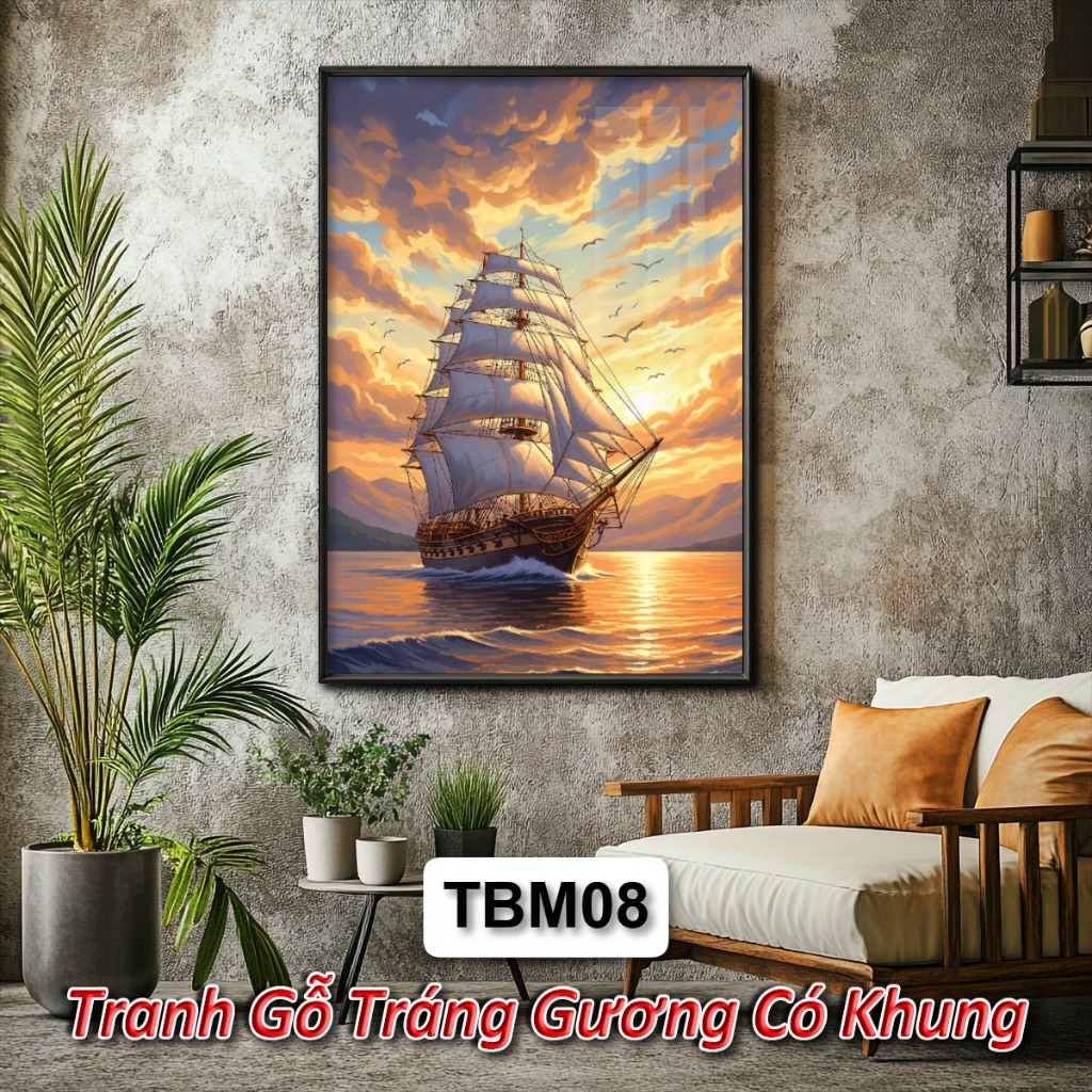 Tranh Thuyền Buồm, Thuận Buồm Xuôi Gió Tráng Gương Khung Composite Treo Tường Decor Phòng Khách Phòng Ngủ