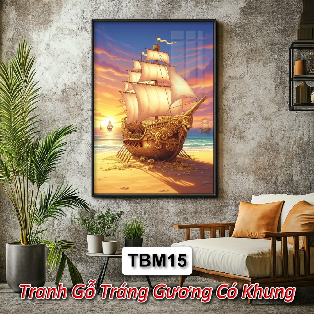 Tranh Thuyền Buồm, Thuận Buồm Xuôi Gió Tráng Gương Khung Composite Treo Tường Decor Phòng Khách Phòng Ngủ