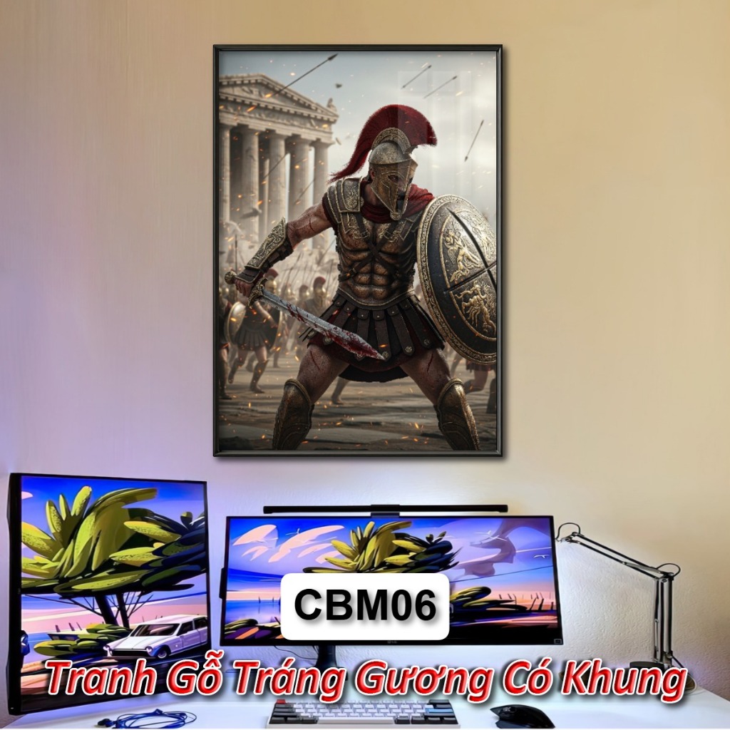 Tranh Chiến Binh Sparta 4K Tráng Gương Khung Composite Treo Tường Decor Phòng Khách Phòng Ngủ Không Gian Làm Việc