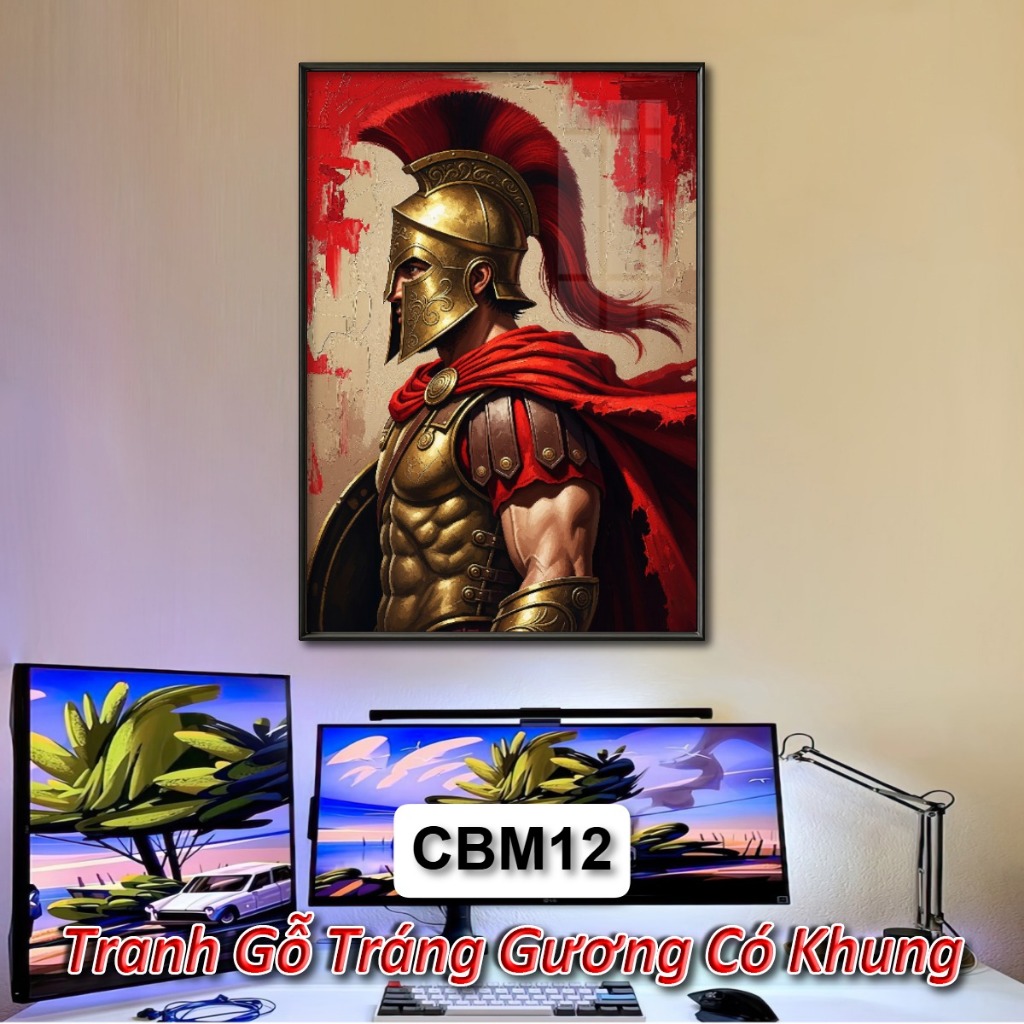 Tranh Chiến Binh Sparta 4K Tráng Gương Khung Composite Treo Tường Decor Phòng Khách Phòng Ngủ Không Gian Làm Việc